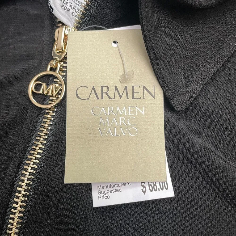 Carmen Marc Valvo 1/2 Zip Blouse Womens Large Black Roll Tab Sleeve Classic NWT - Picture 3 of 13